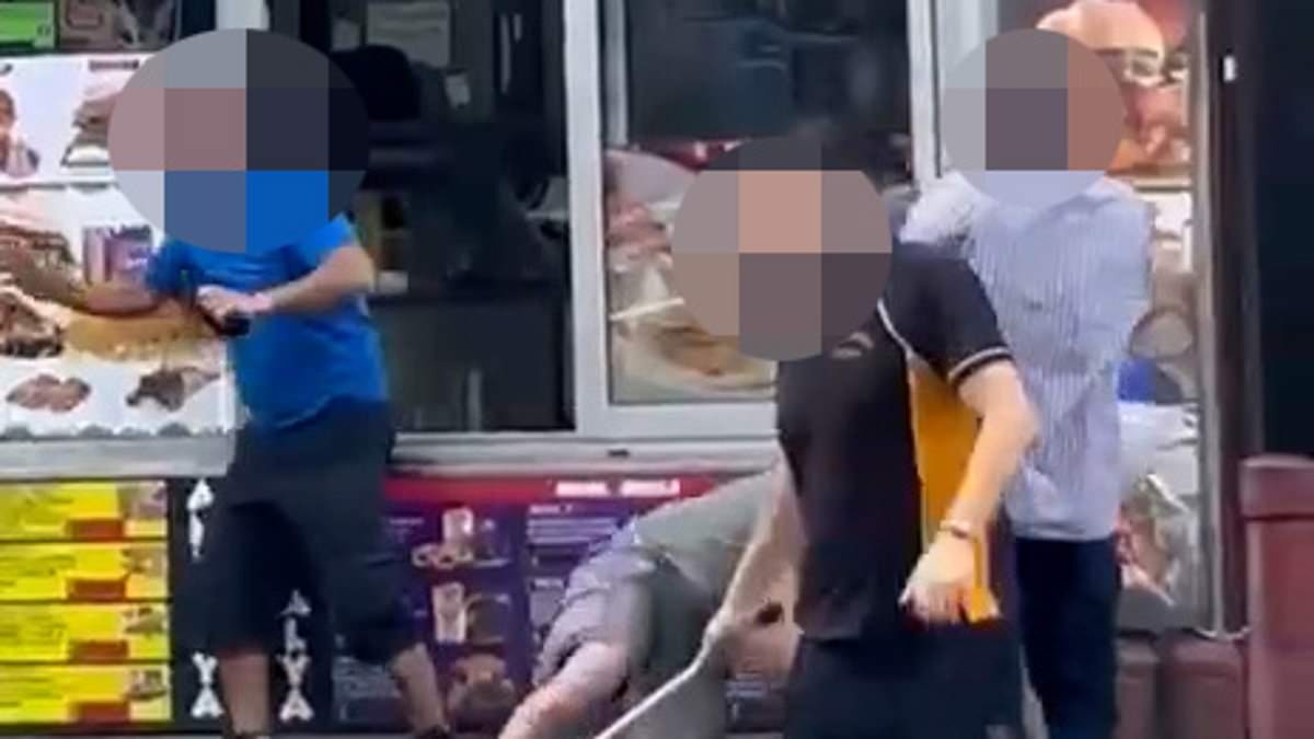 Moment crazy swordfight breaks out outside kebab shop before police rush in to arrest seven