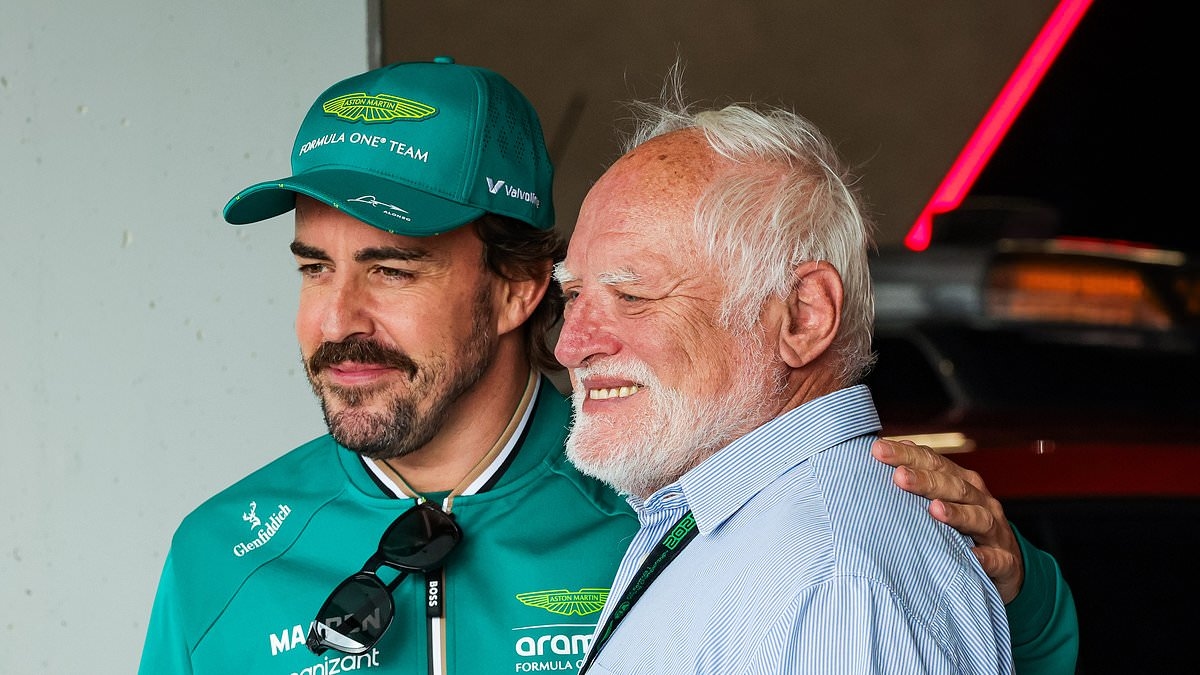 Pictured: Hilarious meme sensation 'Hide the Pain Harold' poses with F1 drivers and soaks up crowd adoration ahead of the Hungarian Grand Prix
