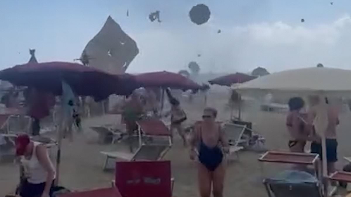 Shocking moment tourists flee as TORNADO hits Italian beach, sending parasols spinning through the air and injuring at least one person - as gigantic waterspouts also strike coast