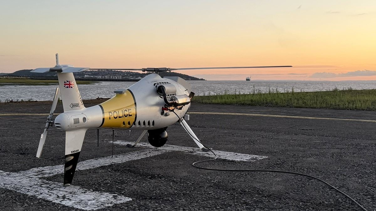 Unmanned police helicopter takes to the sky for first time in Britain as force tests human-sized drone to search for criminals and missing people