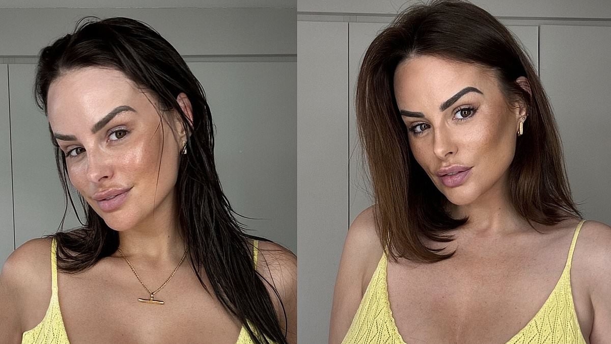 Rhian Sugden shows off the results of her breast reduction surgery in a plunging top after going from a 32HH to a 32E cup size