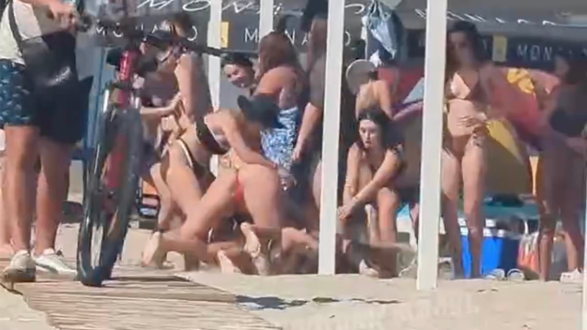 Bikini-clad women brawl and wrestle each other to the ground as fight breaks out on Ukrainian beach after a Russian song is played