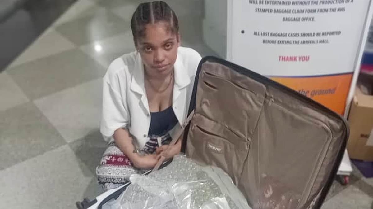 Two young Brits pose sheepishly beside suitcases packed with 150lb of cannabis as they are caught smuggling drugs into Zimbabwe from Thailand and jailed for six years