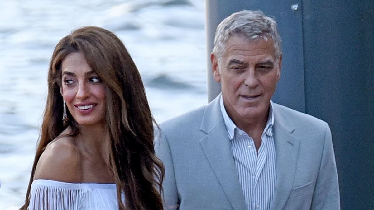 Amal Clooney, 47, wows in white with stunning fringed gown as she joins suave husband George, 64, and pals for dinner on a boat in Lake Como