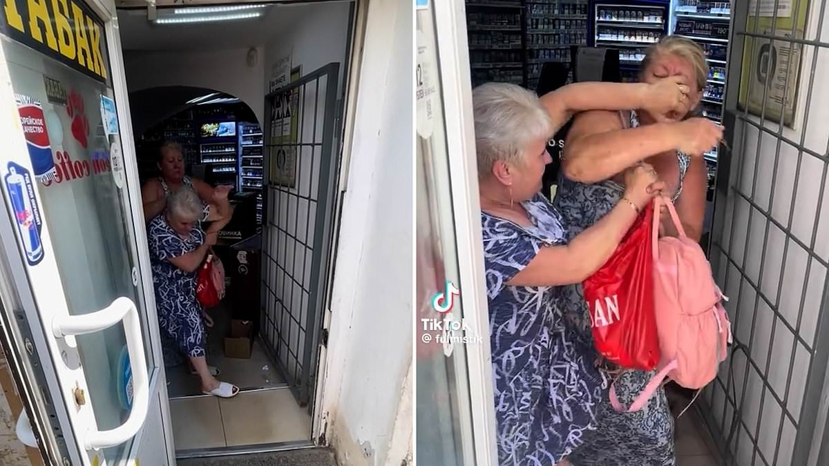 Babushka beatdown! Moment grandmothers have an all out brawl over who gets to buy last pack of cigarettes