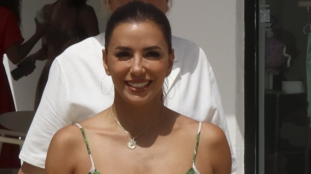 Eva Longoria, 50, stuns in a green summer dress as she links arms with husband Jose Antonio Baston, 57, in Marbella