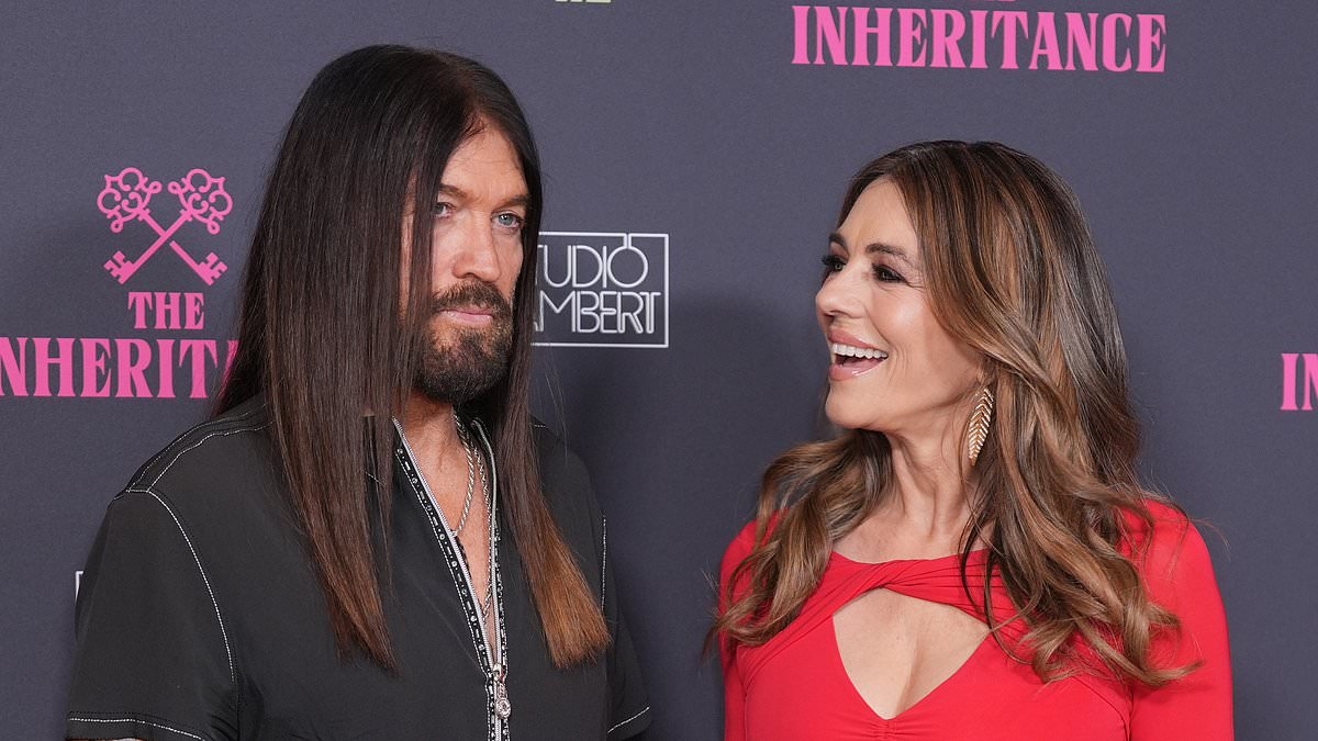 Elizabeth Hurley gazes adoringly at Billy Ray Cyrus as couple put on a loved-up display at The Inheritance premiere in London