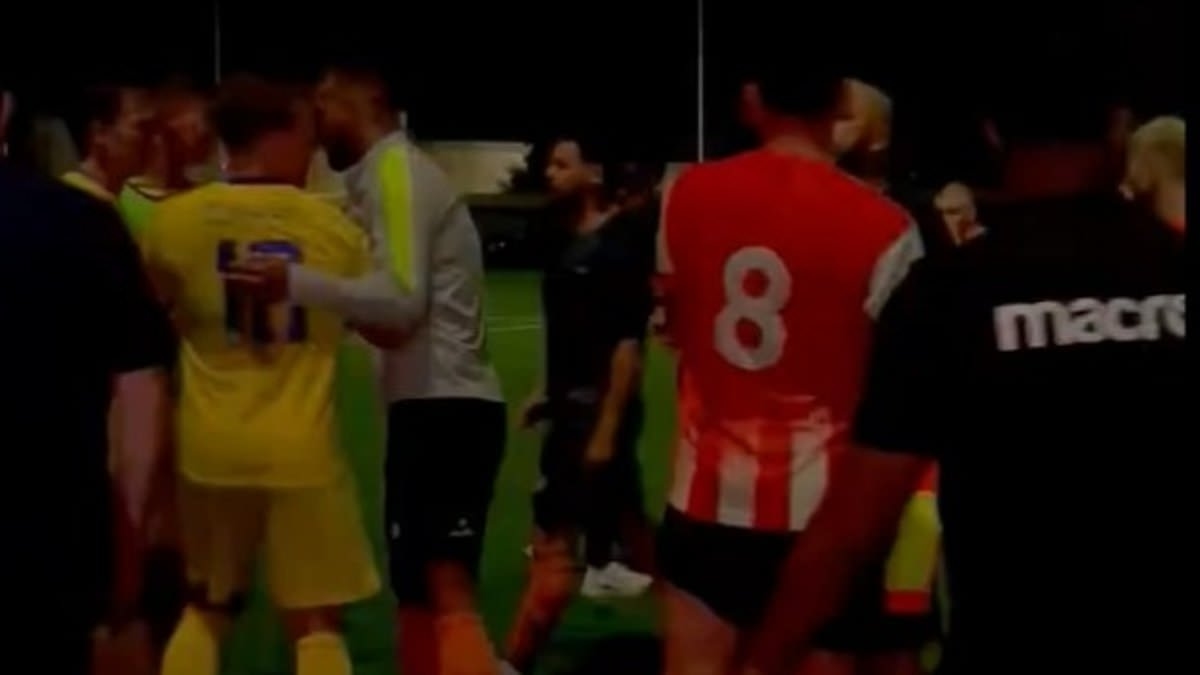 Referee knocked over following MASS BRAWL in FA Cup qualifier after floodlights cut out for bizarre reason