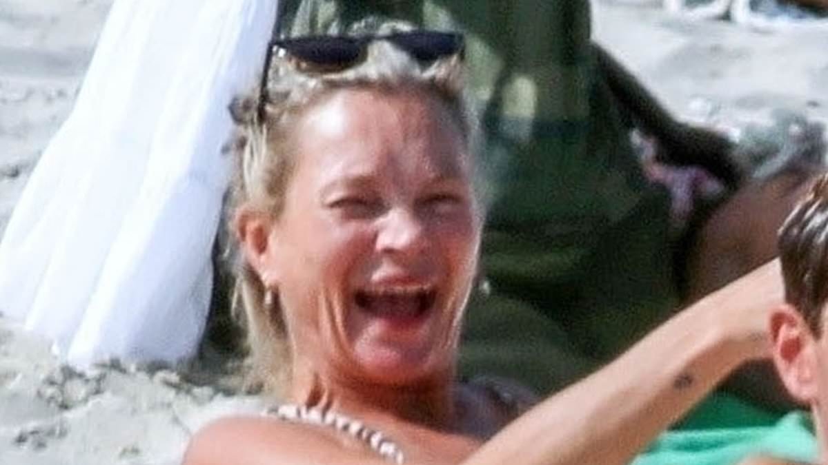 Kate Moss, 51, gets the giggles as she's surrounded by naked sunbathers on nudist beach in Ibiza - before nearly baring all herself!