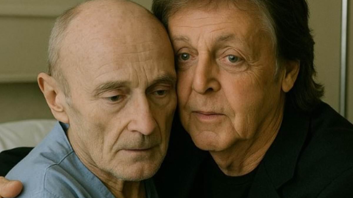 Phil Collins fans left outraged as 'sick' AI photos of star, 74, appearing frail in hospital bed while being visited by Paul McCartney, 83, go viral aid rumours he's in a hospice