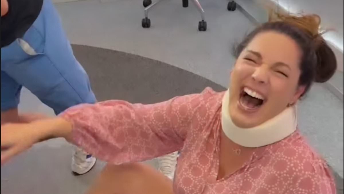 Kelly Brook topples over and ends up in a 'neck brace' after TikTok trend appears to go very wrong