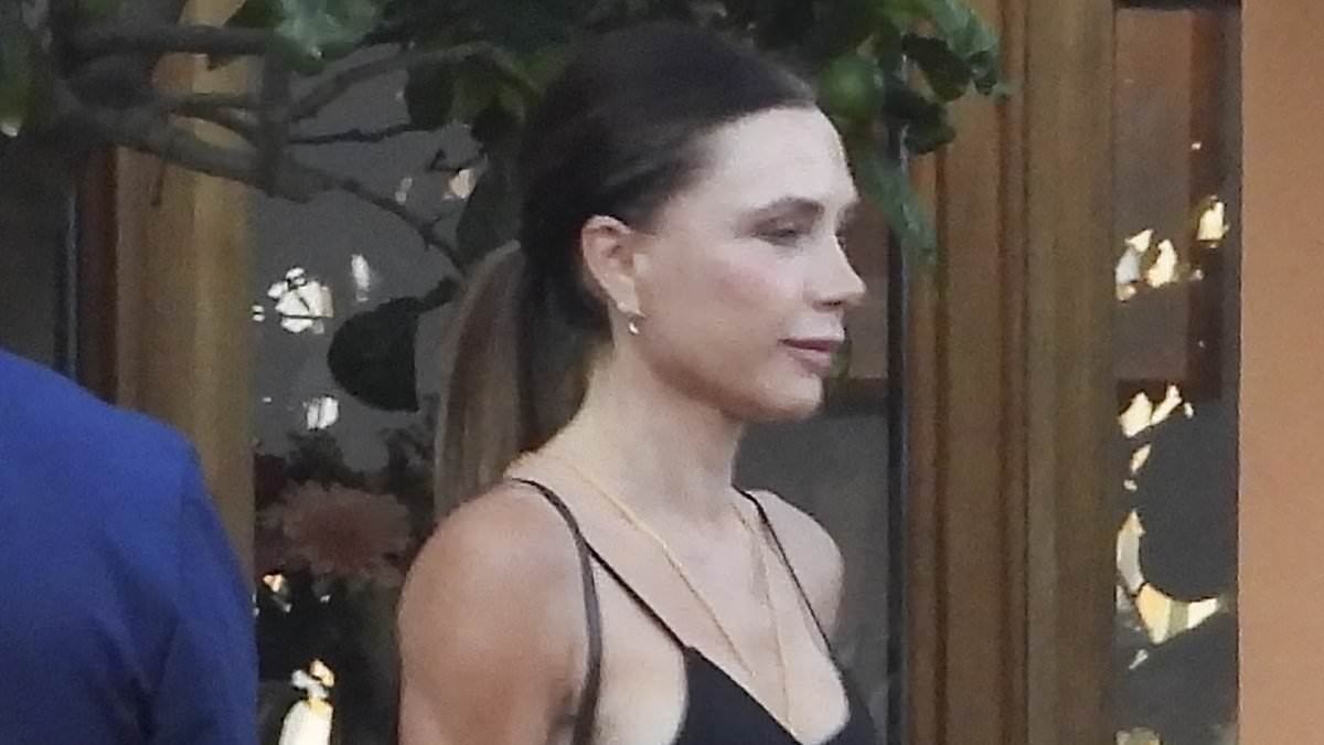 David Beckham cheekily grabs wife Victoria's bum during family meal with son Cruz and his girlfriend Jackie Apostel in Portofino as Brooklyn and Nicola miss out amid ongoing feud