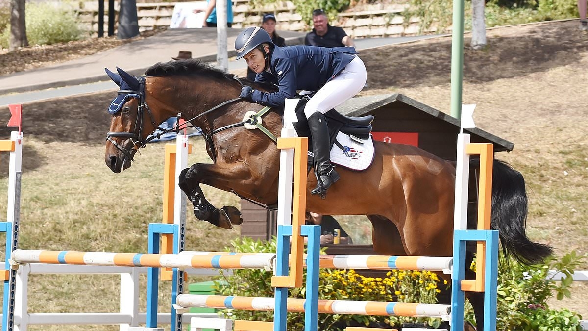 Zara Tindall competes at The Hartpury International Horse Trials as daughter Mia, 10, watches her in action