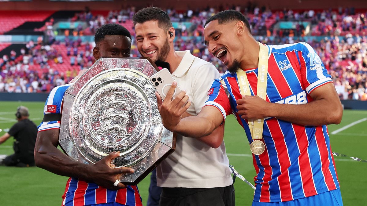 Crystal Palace players mob former skipper live on air and hand him winner's medal after Community Shield triumph against Liverpool