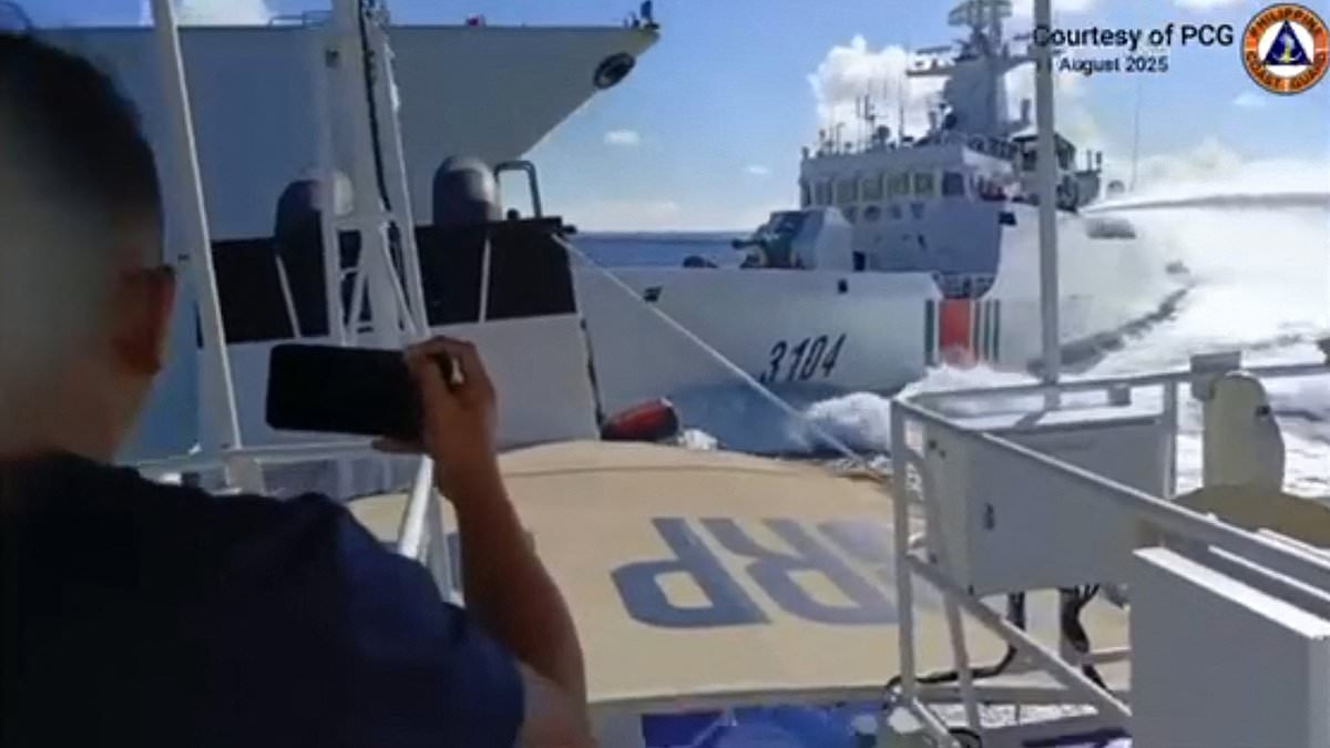 Terrifying moment Chinese Navy ships ram EACH OTHER as they intimidate Philippine boat in waters Beijing claims it owns