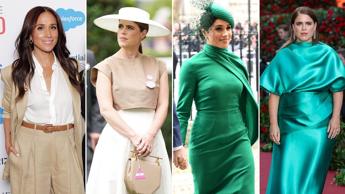 Pictured: Meghan Markle's California influence on Princess Eugenie's style - from '50 shades of beige' to Grecian draping