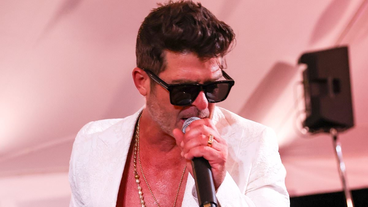 Robin Thicke swarmed by female fans as he serenades crowd at Hamptons event following honeymoon with April Love Geary