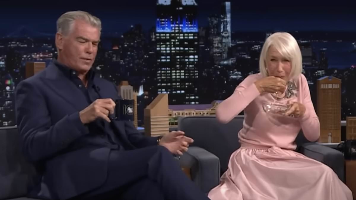 Pierce Brosnan left choking as Helen Mirren's too busy enjoying her salsa to care in viral clip