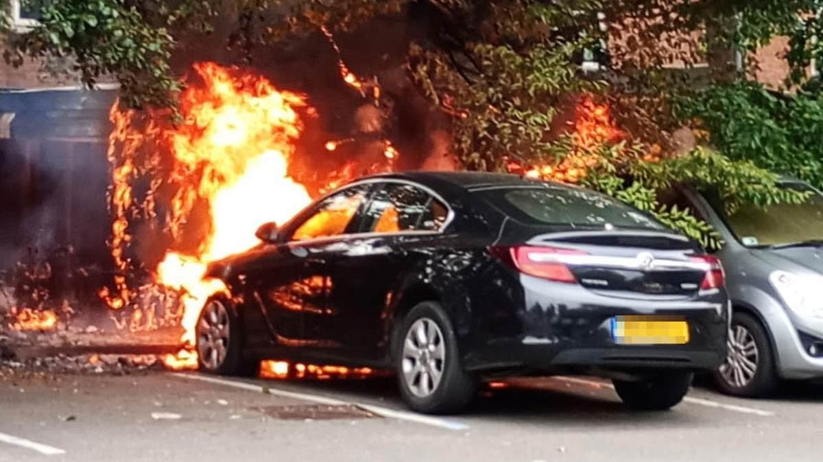 Moment family's car bursts into flames in front of horrified shoppers as temperatures hit 30C