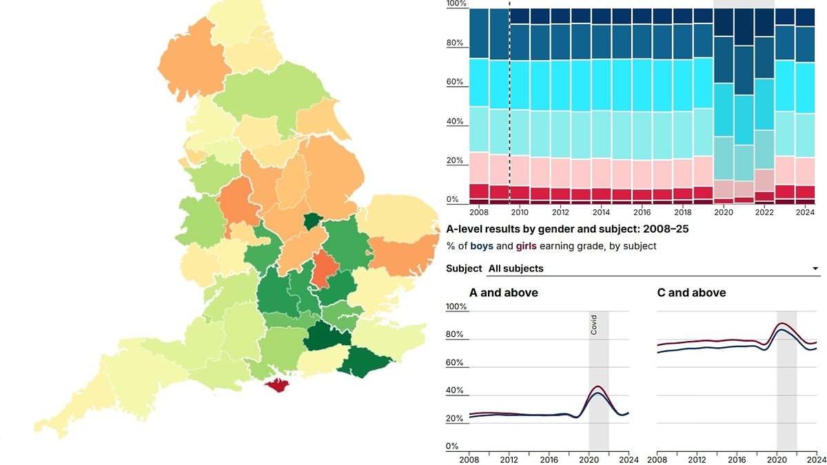 A-level results day 2025: Map and charts reveal A* hotspots, the toughest subjects and the huge gap between private and state schools