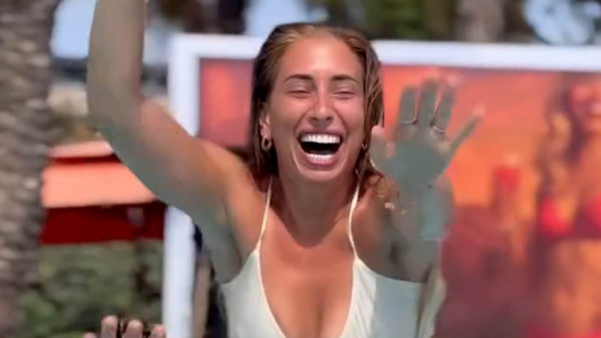 Stacey Solomon stuns in a cream bikini as she and husband Joe Swash put on an animated display at the adults pool party during family holiday