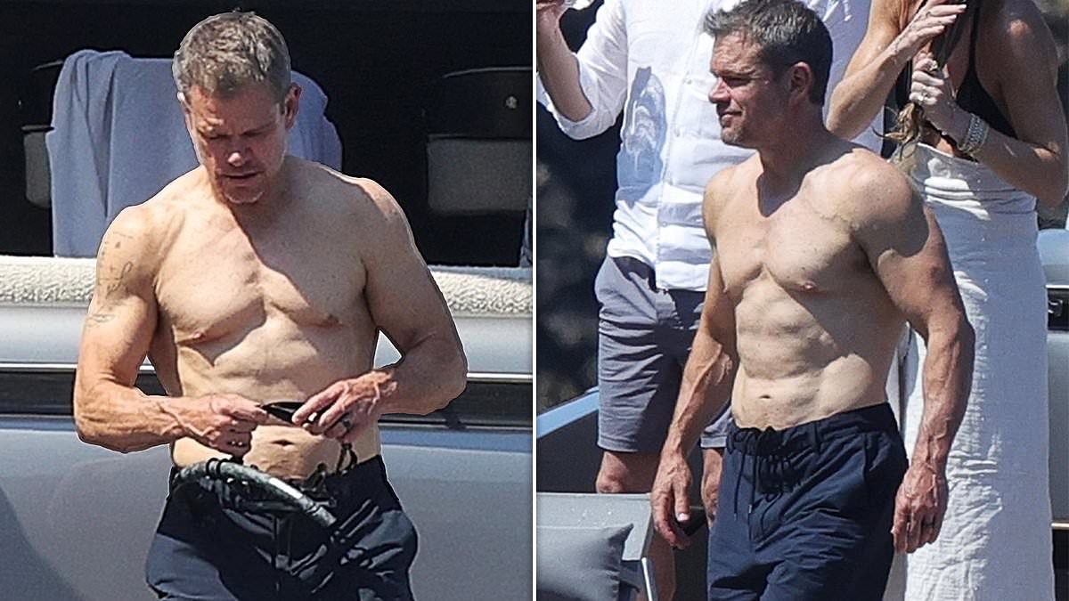 Matt Damon, 54, flexes chiseled chest and biceps while snorkeling off yacht in Ibiza with wife