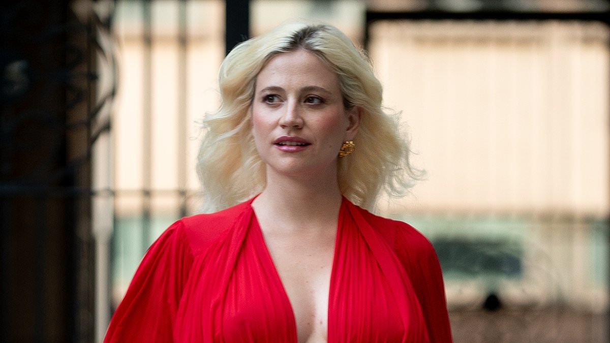 Pregnant Pixie Lott showcases her blossoming baby bump in a plunging red gown as she steps out in London - just weeks before her due date