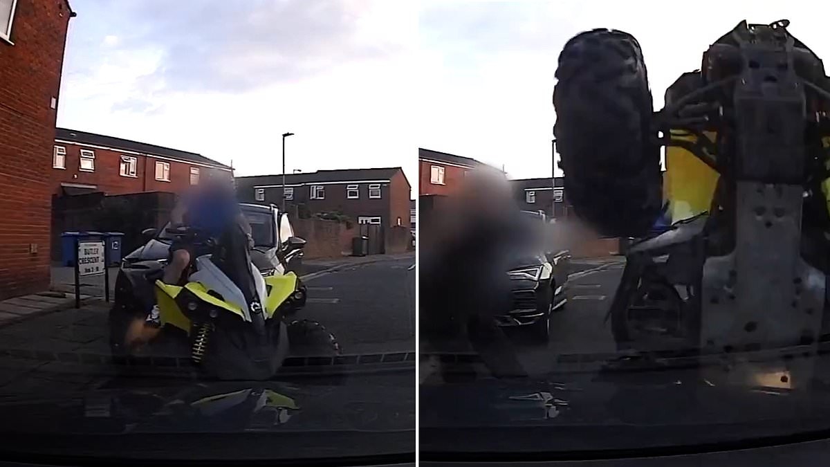 Instant karma! Moment suspected thief rams police with quadbike during chase in Liverpool before getting flipped upside down and arrested