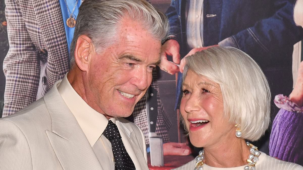 Helen Mirren shares a giggle with co-star Pierce Brosnan as they join fellow cast members at The Thursday Murder Club New York Screening