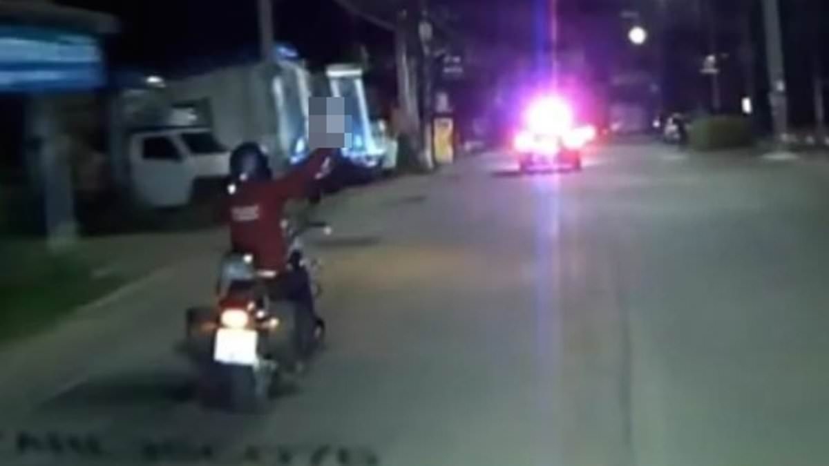 Instant karma for British biker who blocks ambulance driver on emergency call in Thailand and flips driver the middle finger... then regrets taking his eye off the road