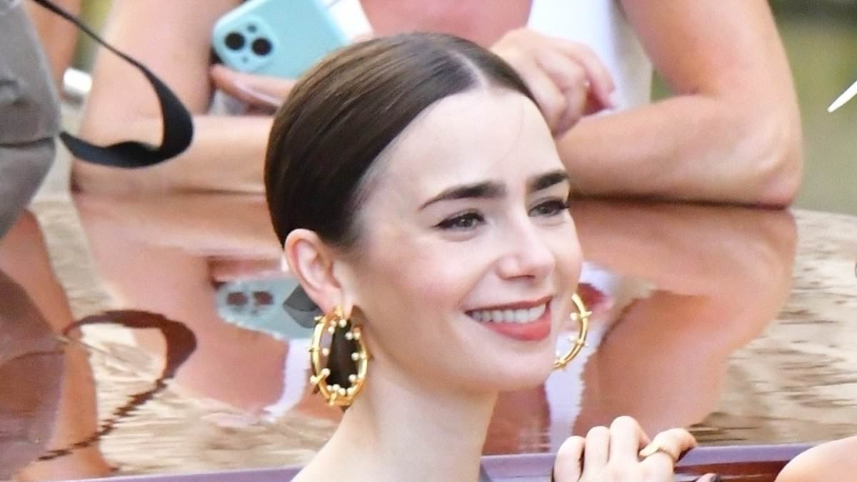 Lily Collins cuts an elegant display in a polka dot co-ord as she films scenes for fifth season of Emily In Paris in Venice