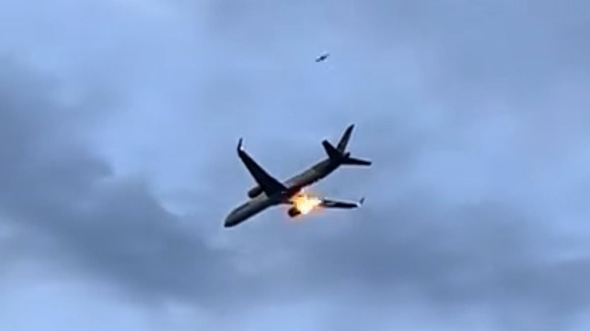 Moment Boeing passenger jet's engine catches fire prompting emergency landing moments after take off from Corfu