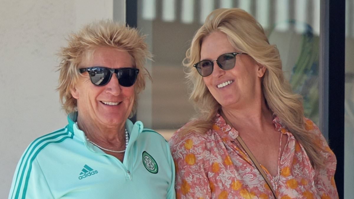 Sir Rod Stewart, 80, and his leggy wife Penny Lancaster, 54, put on a loved-up display as they hold hands during a sunny stroll in Bel Air