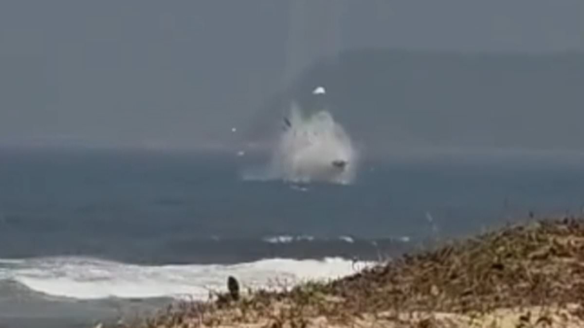 Horrifying moment plane spirals out of control and slams into the sea during final display at air show as rescuers search for veteran pilot