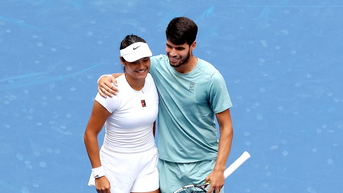 Giggling Emma Raducanu and Carlos Alcaraz show how much they enjoy each other's company with plenty of chemistry in US Open mixed doubles defeat, writes MATTHEW LAMBWELL