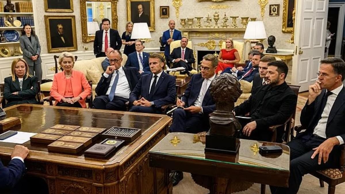 European leaders hang on Trump's every word 'like schoolchildren' in remarkable White House picture showing Zelensky, Macron, Meloni and Merz sitting around his Resolute Desk