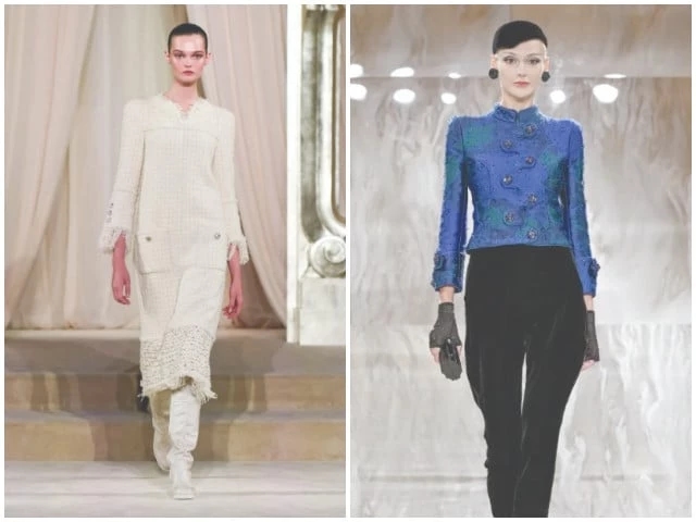 Black velvet at Armani, muted tweed at Chanel