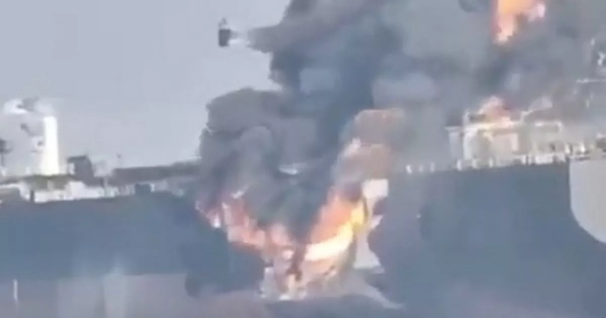Huge flames leap from cargo ship as ‘dark fleet' tanker burns after crash in sea
