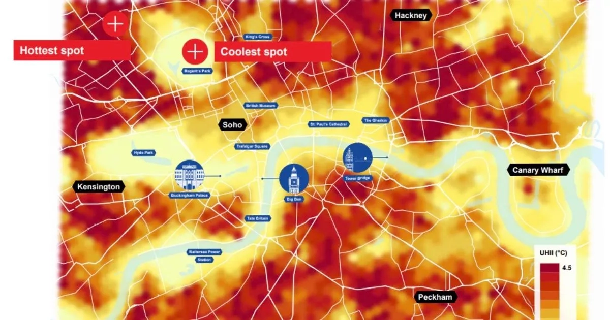 Heatwave maps shows one spot in London is 7C hotter than close neighbours