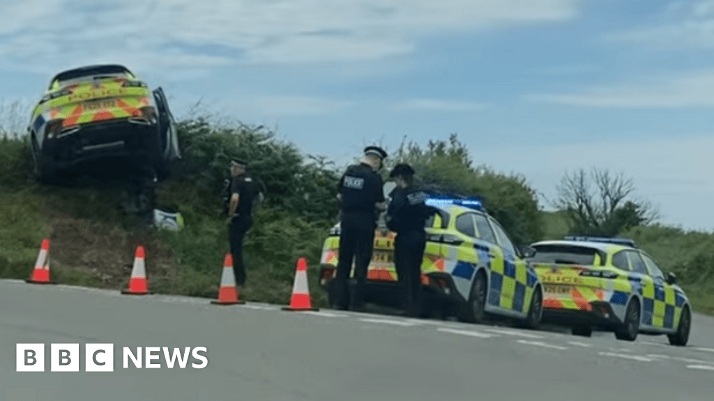Police car wedged on top of hedge after leaving road in Devon