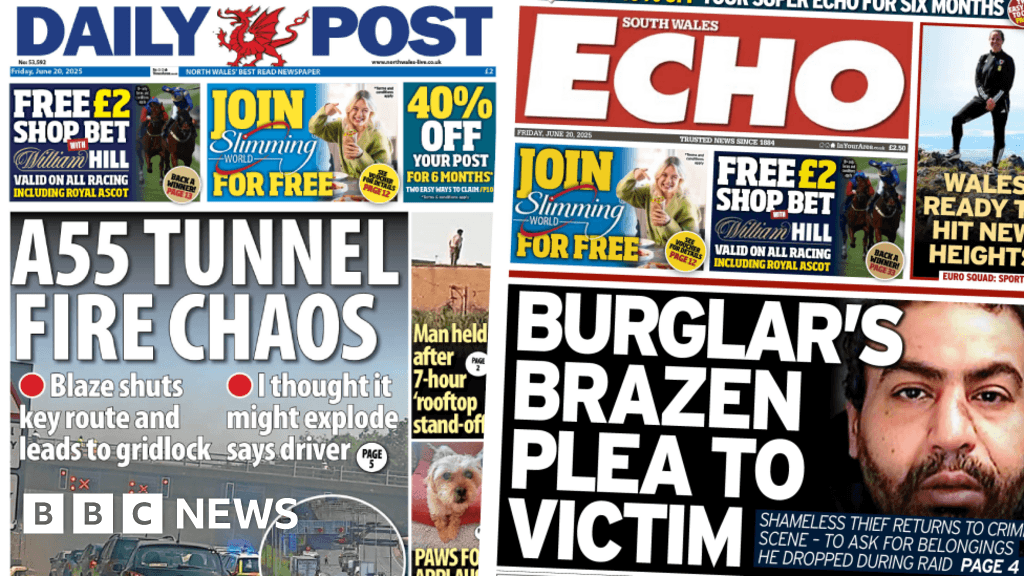 Wales' papers: A55 tunnel fire chaos and burglar's brazen plea