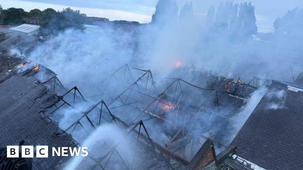 Warehouse roof destroyed by huge fire in Loughborough
