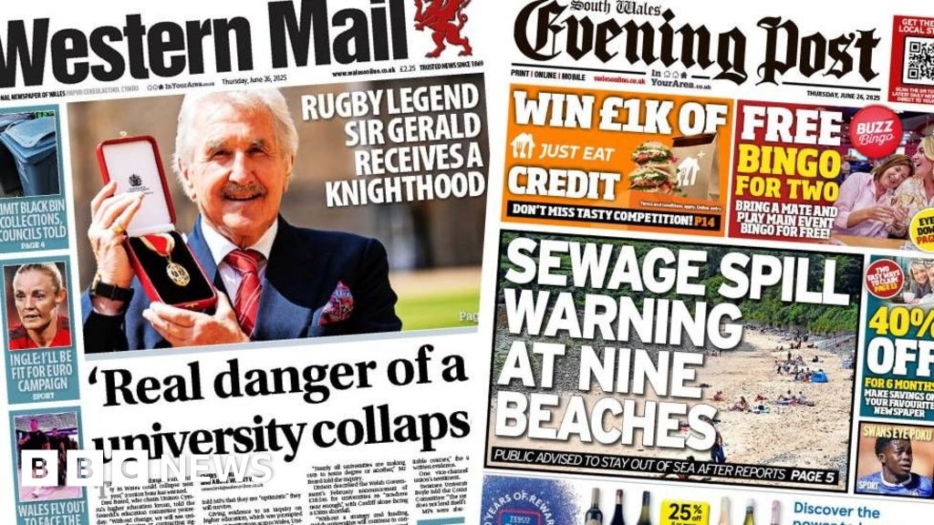 Wales' papers: Beach pollution warning and arise Sir Gerald