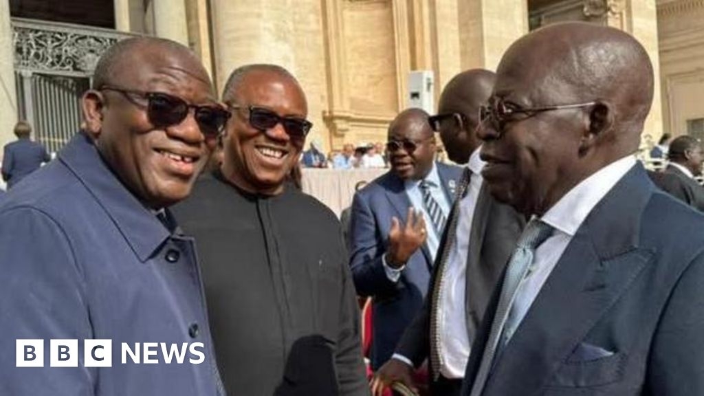 Peter Obi jokes with President Bola Tinubu at Pope Leo XIV's inaugural mass