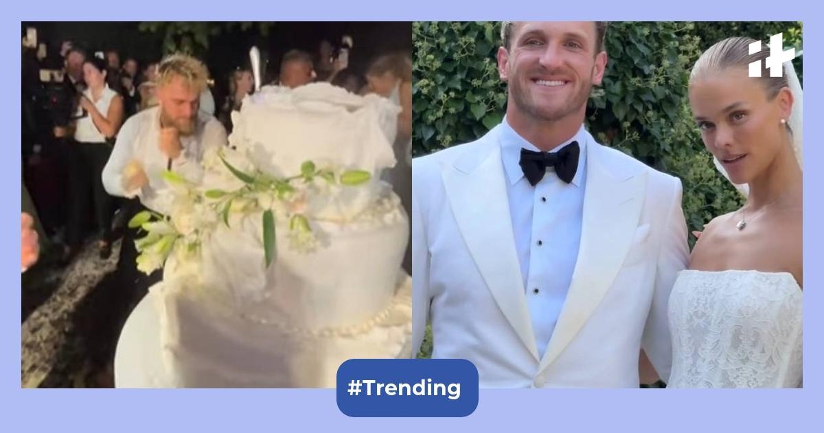Jake Paul turns Logan Paul and Nina Agdal's dreamy wedding cake into a punching bag, newlyweds cheer for him as they tie the knot in Lake Como