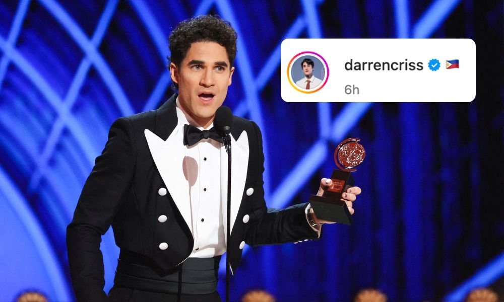 Darren Criss waves PH flag on Instagram as he highlights news about being the 'first Asian actor to win leading actor in musical'
