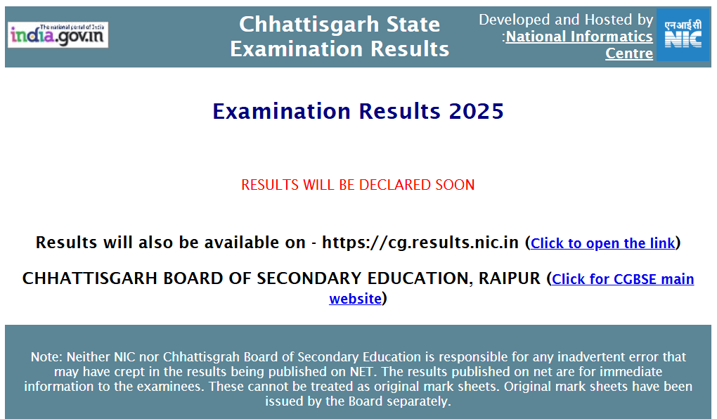 results.cg.nic.in, CGBSE CG Board 10th 12th Result 2025: Official websites to check result