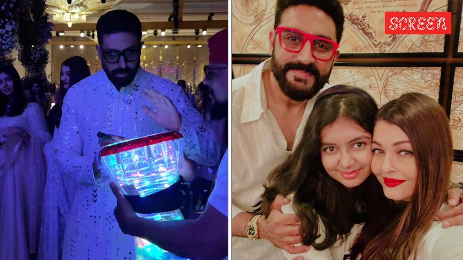 Aishwarya Rai and Aaradhya Bachchan look on in awe as Abhishek Bachchan drums to the beats of ‘Dus Bahane' at Mumbai wedding. Watch