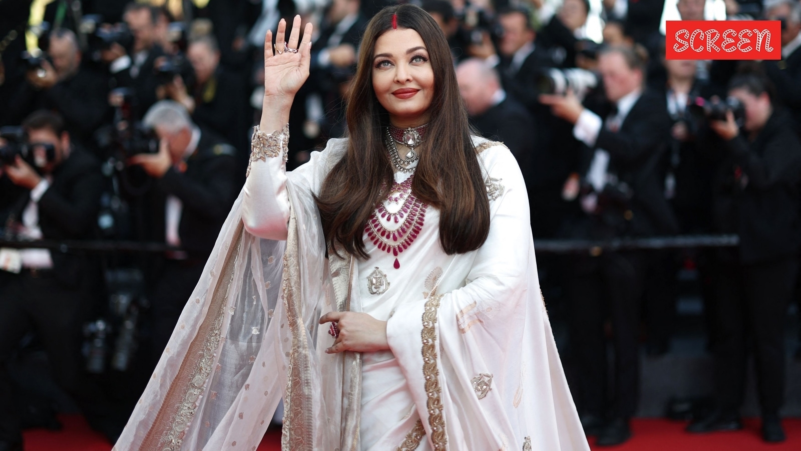 Aishwarya Rai Bachchan stuns in white saree with ruby necklaces at Cannes red carpet, completes her look with sindoor: ‘Queen of Cannes'