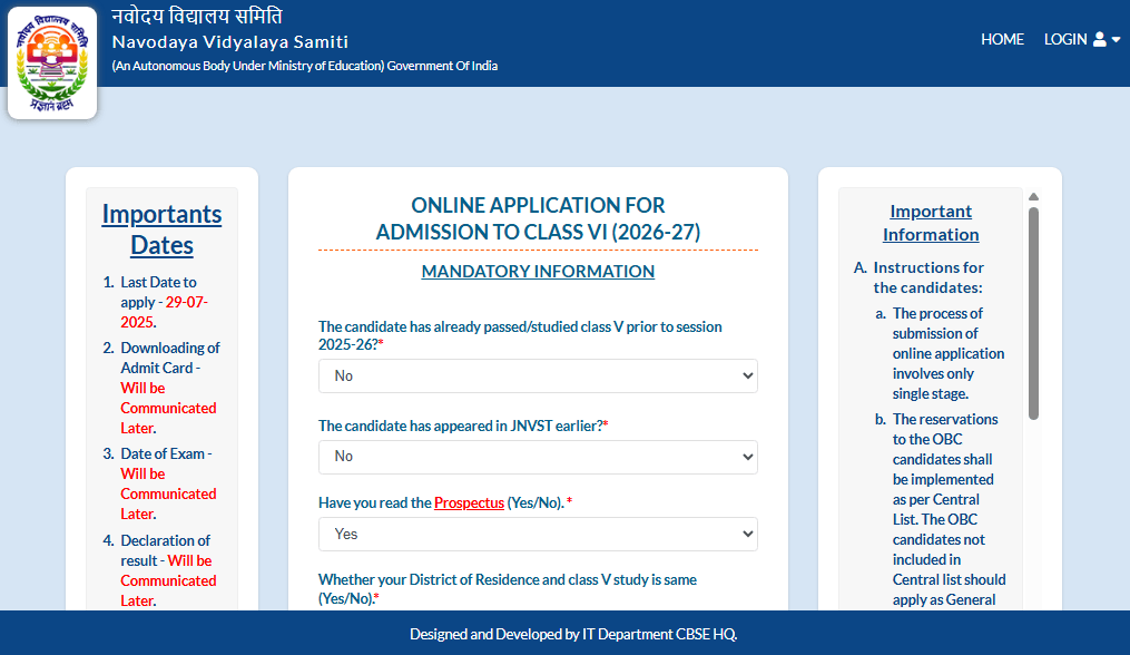 JNVST Class 6 Admission 2026-27: Registration begins at cbseitms.rcil.gov.in; exam on Dec 13,